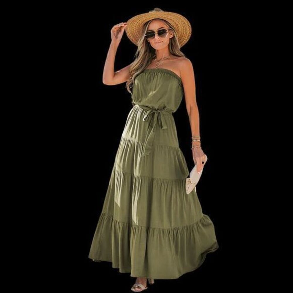 Cupshe Olive Green Strapless Tiered Maxi Dress Boho Summer Chic Size Small - Picture 13 of 15